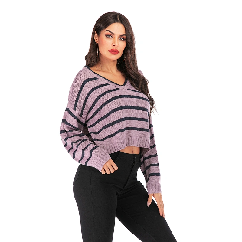 Pullover V-neck apparel striped loose knitwear women fashion sweater