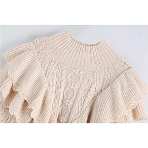 Women Ruffled Cropped Knitted Sweater Vintage High Neck Lantern Sleeve Female Pullovers Chic Tops
