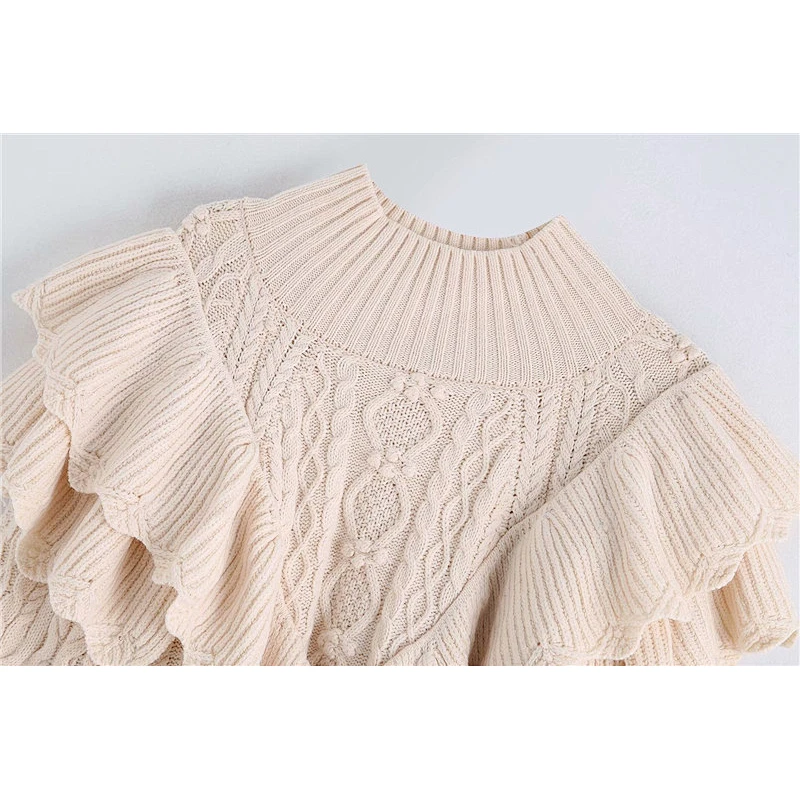 Women Ruffled Cropped Knitted Sweater Vintage High Neck Lantern Sleeve Female Pullovers Chic Tops