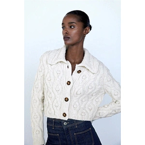 Pompoms Cropped Knitted cardigan with Button Rice White  casual sweater women cable knit sweaters