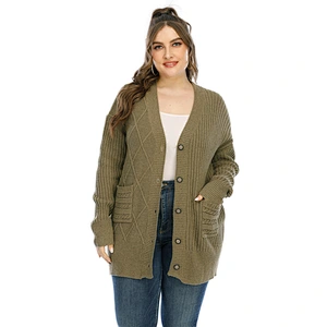 Fall thickened pocket jacket button fashion plus size sweater cardigan for women