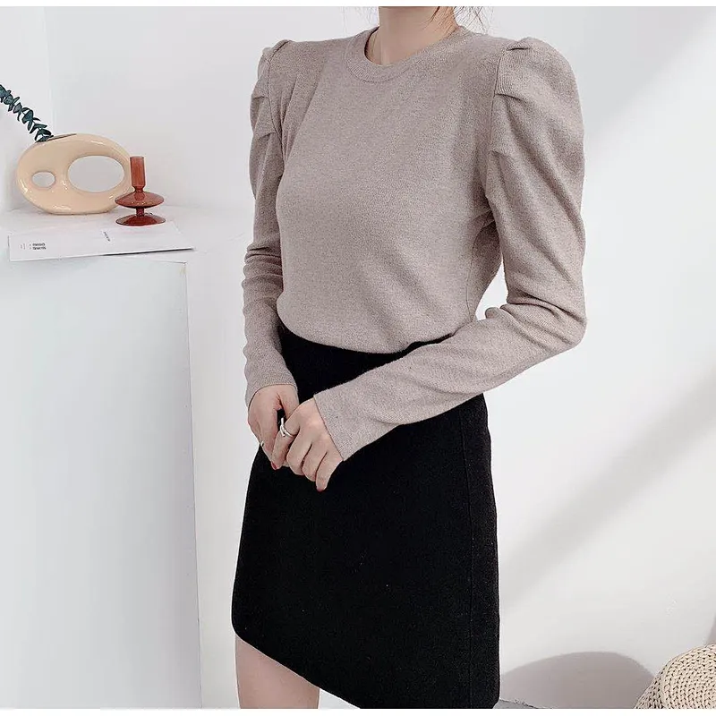 Knitted basic shirt sweater women puff sleeve long-sleeved solid color women knit top sweaters