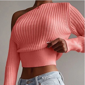 Fall clothing for women rib knit sexy sweater top pullovers off shoulder knitwear crop sweaters