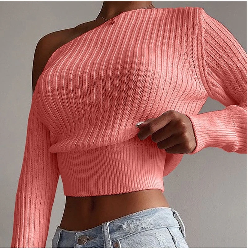 Fall clothing for women rib knit sexy sweater top pullovers off shoulder knitwear crop sweaters