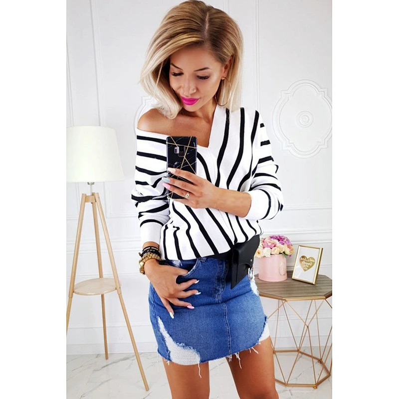 Women clothing autumn casual plus size sweater V-neck stripe knit sweater ropa de mujer