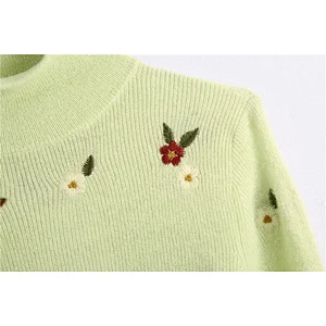 Floral Embroidery Cropped Winter Knitted Sweater women High Neck Long Sleeve Girl Pullovers Tops