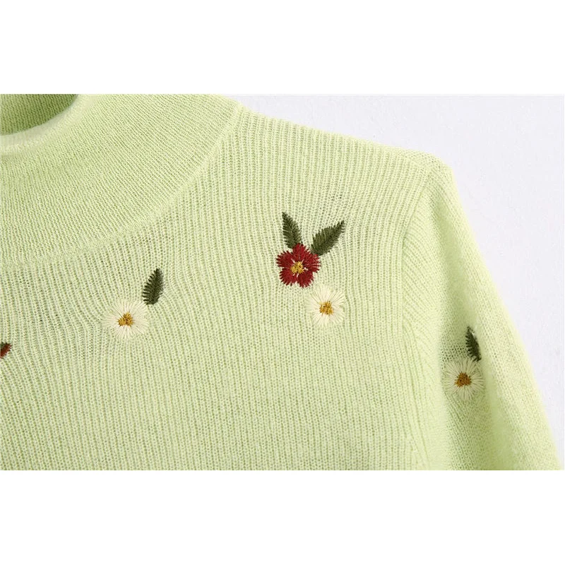 Floral Embroidery Cropped Winter Knitted Sweater women High Neck Long Sleeve Girl Pullovers Tops