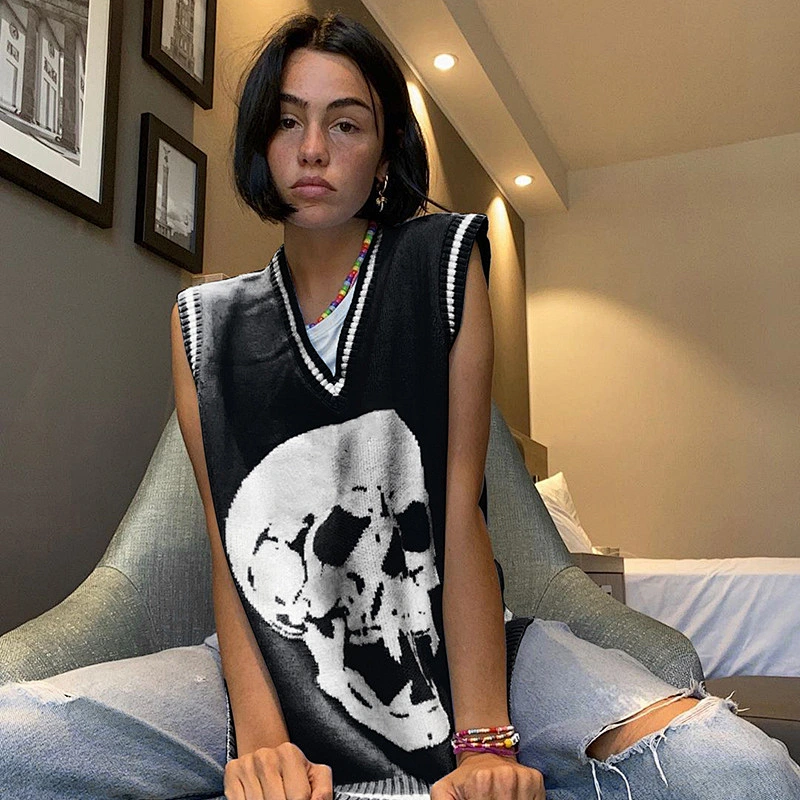 Skull print V neck loose casual sweater vest women fashion oversized women vest sweater