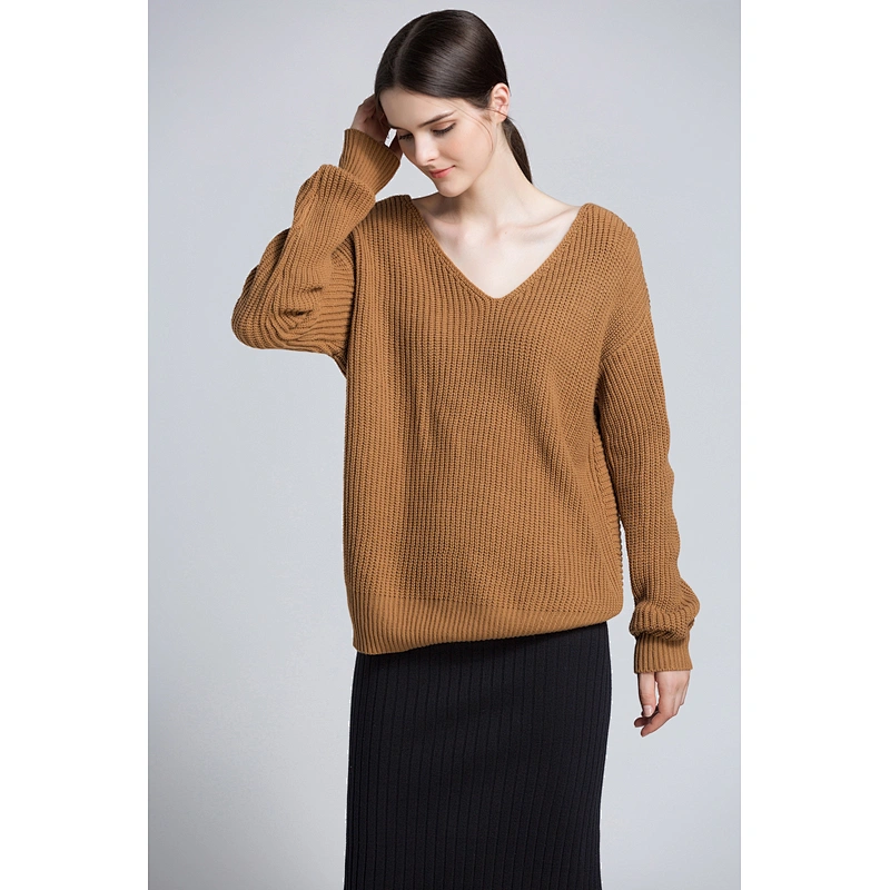 Women's V-neck pullover clothes leaky back knitwear fashion sweater