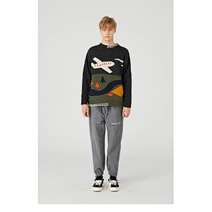 Color matching fashion cartoon plane pullover hoodie oem jacquard custom knit sweater for couples