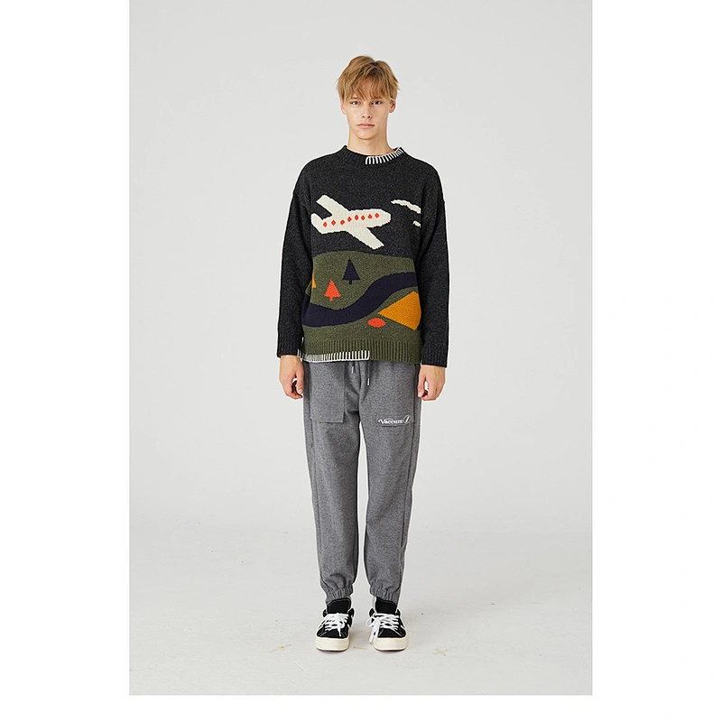 Color matching fashion cartoon plane pullover hoodie oem jacquard custom knit sweater for couples