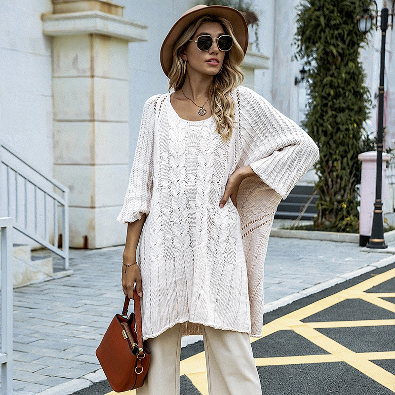 New Round Neck Mid Sleeve Pullover Jumper Loose Knit Long Plus Size Women Sweaters