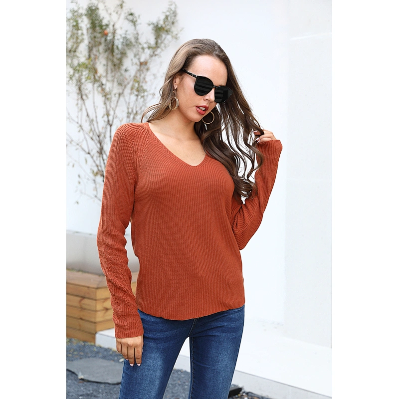 Hot sale women plain v neck pullover sweater fashion casual knitwear for lady vintage sweater