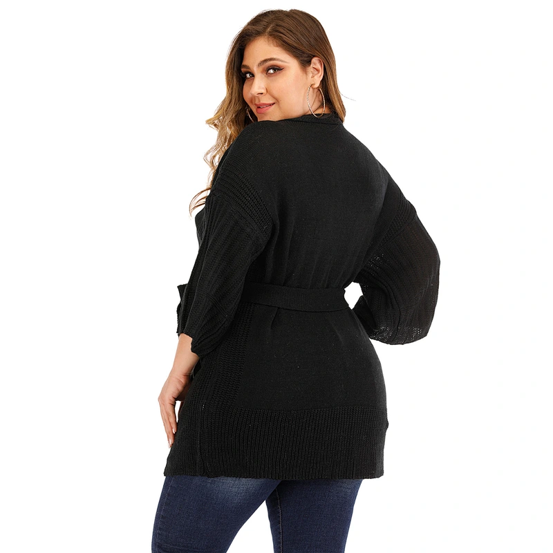 Plus size women's deep V neck knit sweater loose cardigan strap casual sweaters