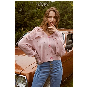 Vintage loose short cardigan long sleeve ruffled knitwear basic roseate autumn women sweaters