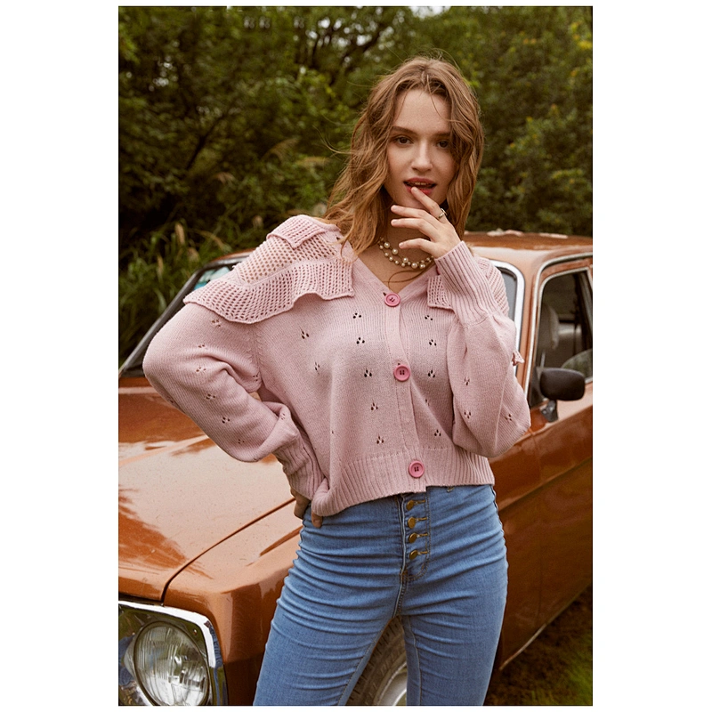 Vintage loose short cardigan long sleeve ruffled knitwear basic roseate autumn women sweaters