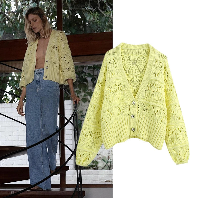 Women's Fashion Casual  Buttons Cropped Knitted Cardigan Sweater Puff Sleeve knitwear