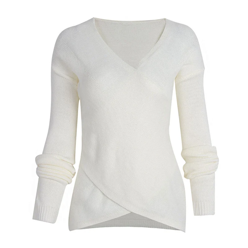 Women clothing autumn casual knitted sweater V-neck Irregular bottom sweater in stock