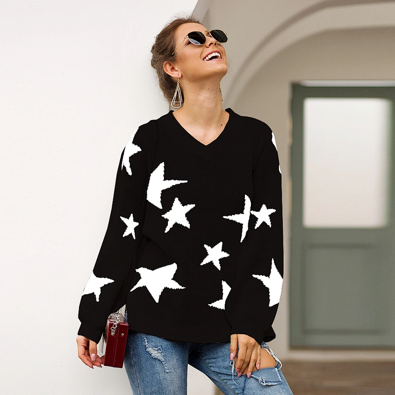 Star pattern round neck pullovers sweater casual clothes women sweater