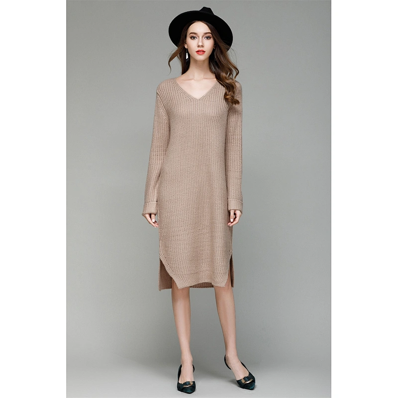 Solid color clothing loose large size knitwear casual dress long V-neck fashion sweater