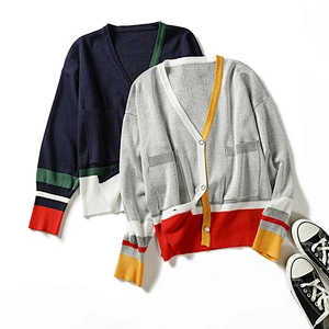 Winter contrast-coloured rib women knitting V-neck long-sleeved coatigan sweaters