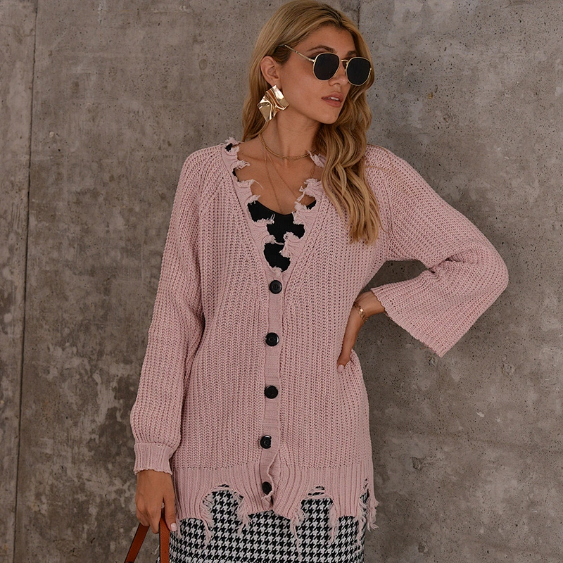 Solid color winter button V-neck knitted sweater cardigan Mid-length women sweaters
