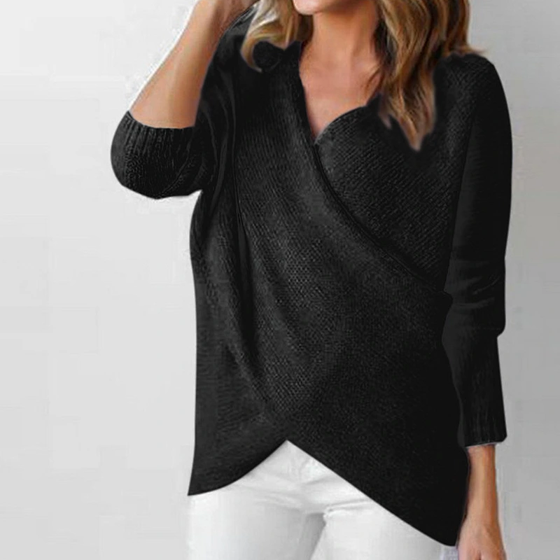 Women clothing autumn casual knitted sweater V-neck Irregular bottom sweater in stock