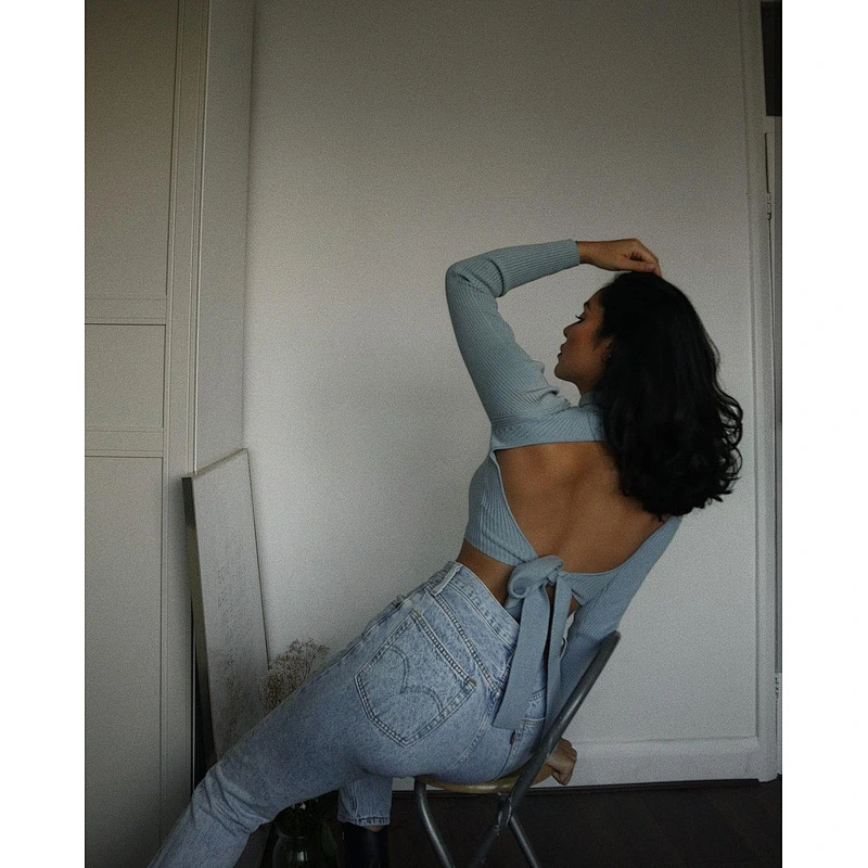 Winter fashion ladies long sleeve backless sweater knitting crop tops knitted sweater for women