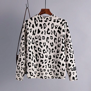 Leopard print high neck pullover sweater Korean top women autumn winter long sleeve loose knit ladies sweaters