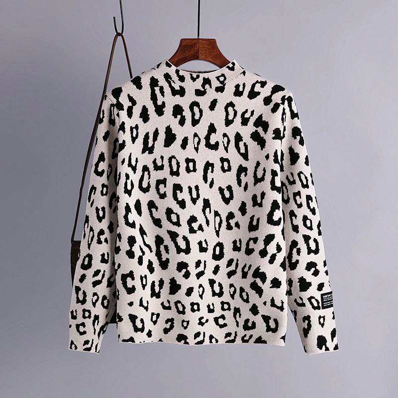 Leopard print high neck pullover sweater Korean top women autumn winter long sleeve loose knit ladies sweaters