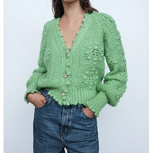 Women Textured Weave Cropped Knitted Cardigan Sweater Vintage Long Sleeve Button Cardigan