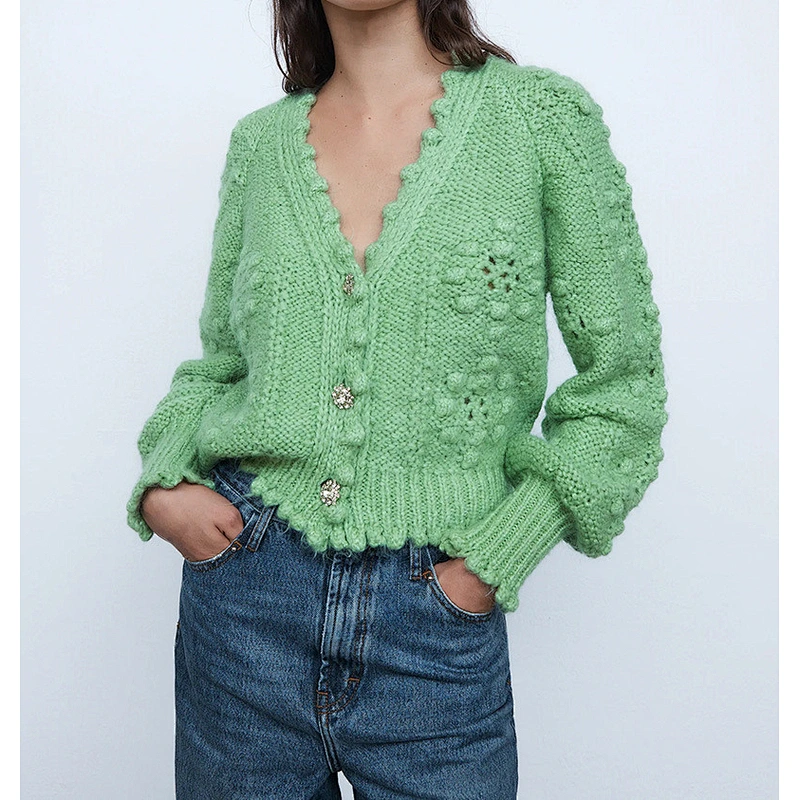 Women Textured Weave Cropped Knitted Cardigan Sweater Vintage Long Sleeve Button Cardigan