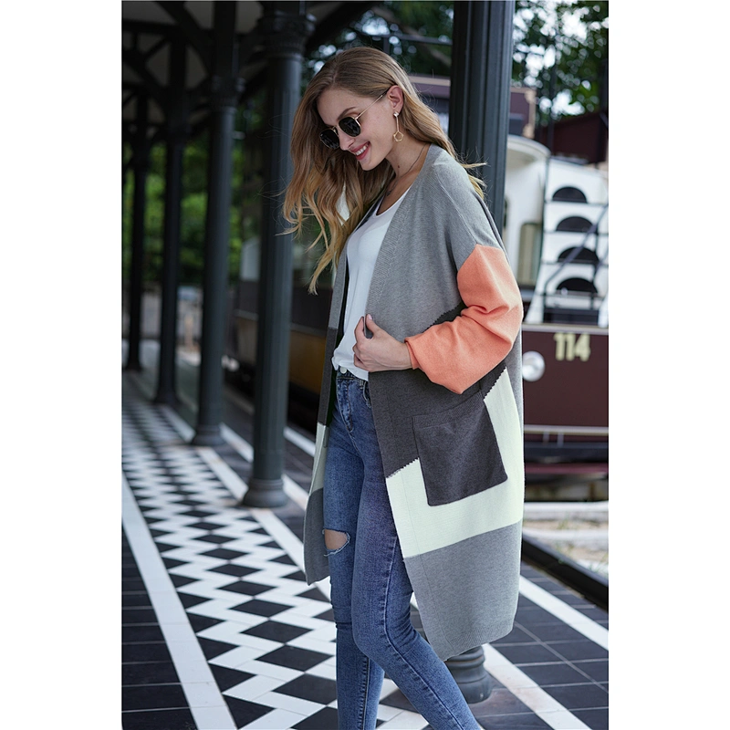Women clothing casual contrast color coatigan elegant long cardigan apparel in stock
