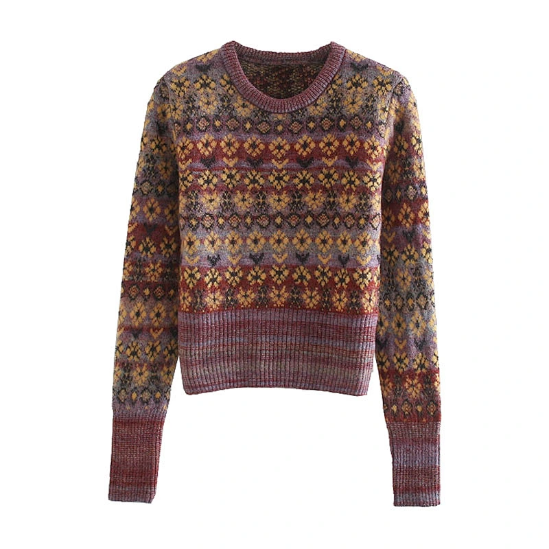 Fashion Jacquard Cropped Knitted Sweater O Neck Winter Pullovers Tops Women Knitwear