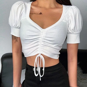 Wholesale INS Celebrities Retro Style Ruched Slim Top women summer clothing pure color ladies fashion sexy crop tops white