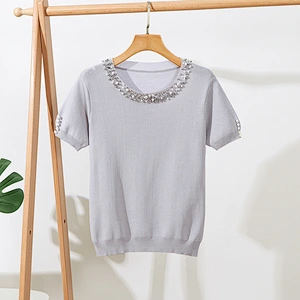 Summer solid color top blouse ladies beaded short sleeve loose round neck pullover knitwear women plus size t shirt