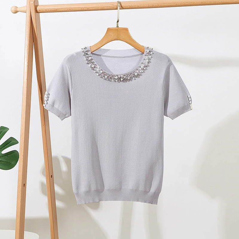 Summer solid color top blouse ladies beaded short sleeve loose round neck pullover knitwear women plus size t shirt