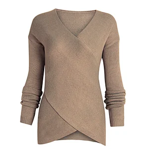 Women clothing autumn casual knitted sweater V-neck Irregular bottom sweater in stock