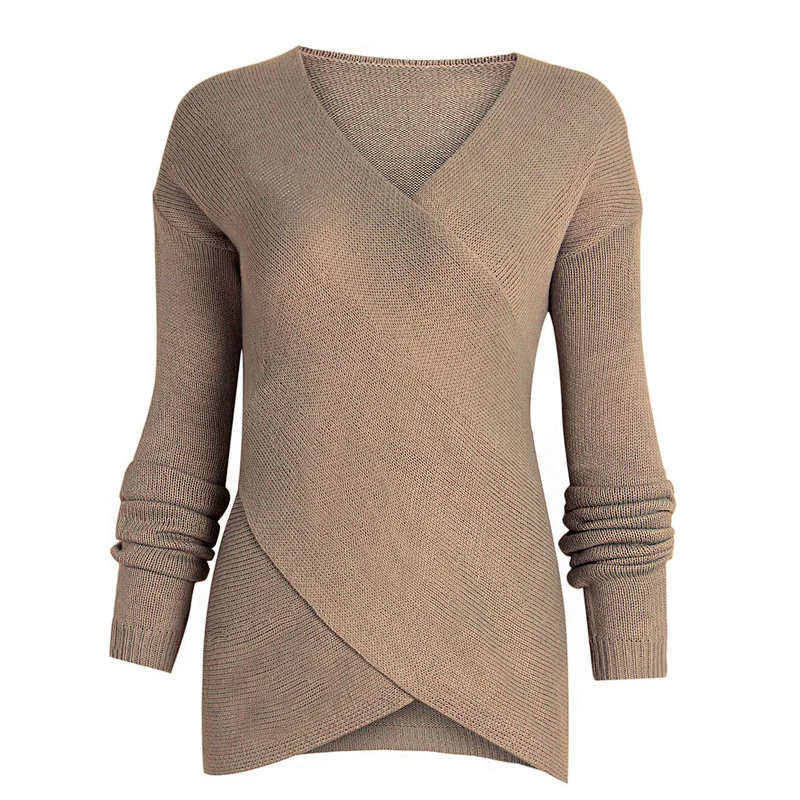Women clothing autumn casual knitted sweater V-neck Irregular bottom sweater in stock