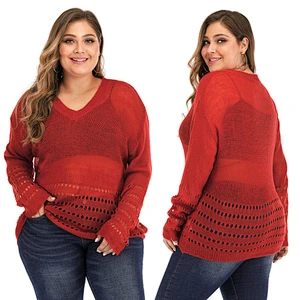 Plus size women solid color V-neck thin sexy hollow long-sleeved pullover sweaters