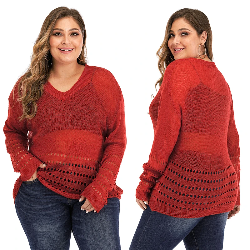 Plus size women solid color V-neck thin sexy hollow long-sleeved pullover sweaters