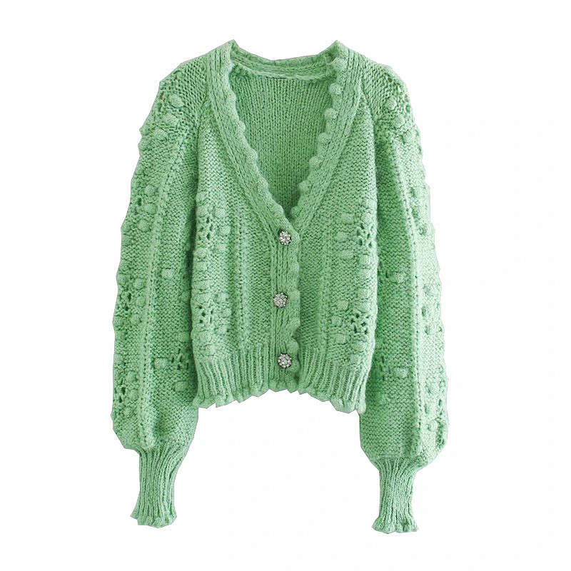 Women Textured Weave Cropped Knitted Cardigan Sweater Vintage Long Sleeve Button Cardigan