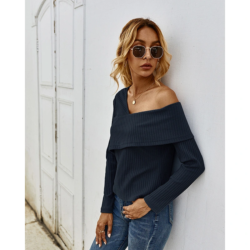 Women clothing pure color rib tops sexy basic knitwear off-the-shoulder long sleeve t-shirt