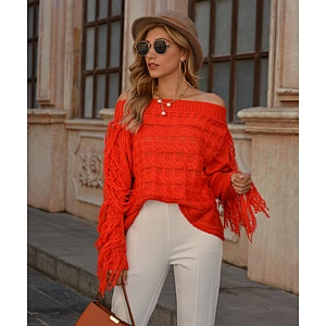 Christmas New Pullover Knitwear Sweater Neck Leaked Shoulder Women Tassel Short Red Knit Sweaters