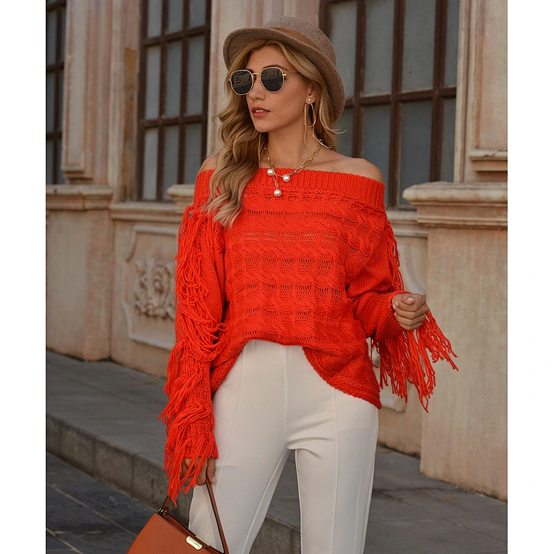 Christmas New Pullover Knitwear Sweater Neck Leaked Shoulder Women Tassel Short Red Knit Sweaters