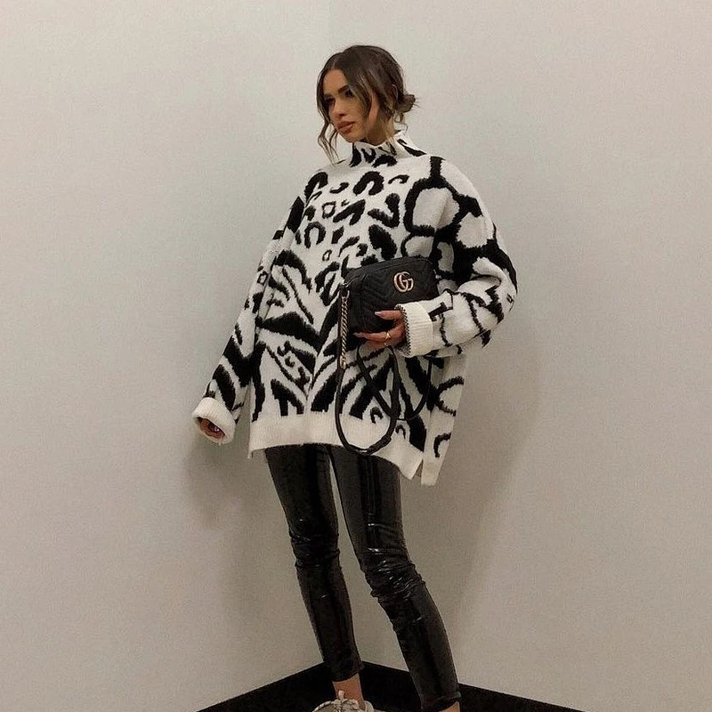 women winter designer oversized sweater dress long sleeve leopard turtleneck sweater set women