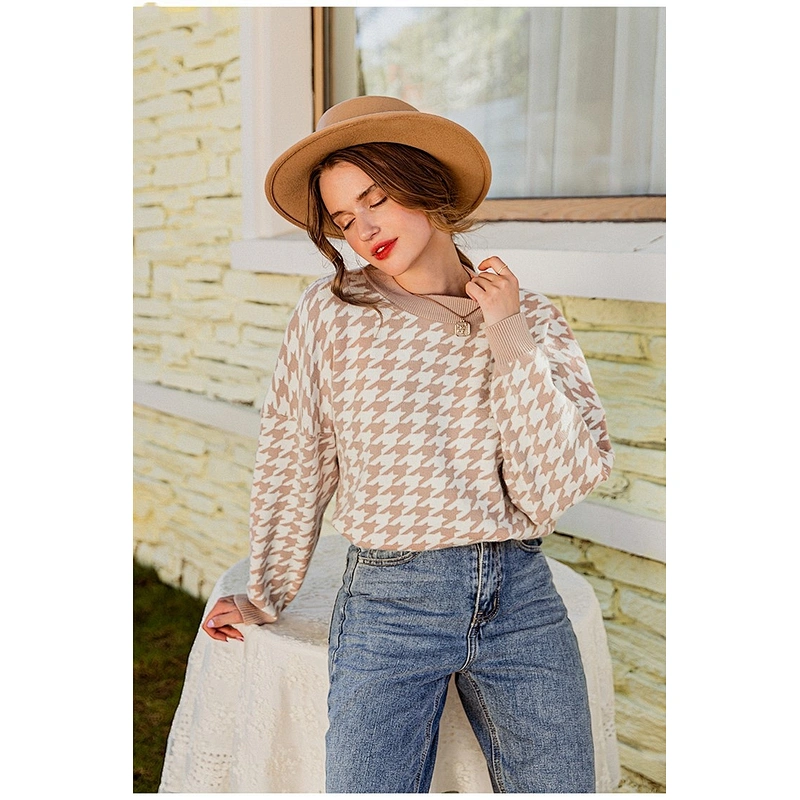 Fall clothing for women pullover houndstooth jacquard sweater in stock women knit sweater