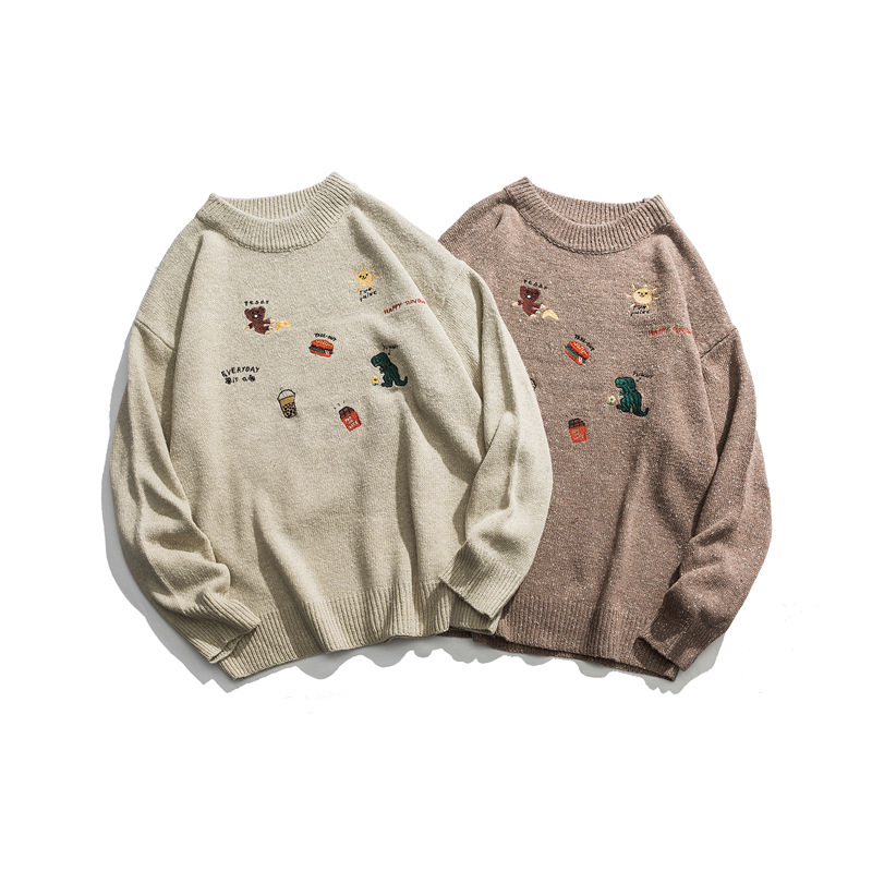 Korean couple clothes men autumn knitted pullover sweater custom loose embordered knit acrylic sweater