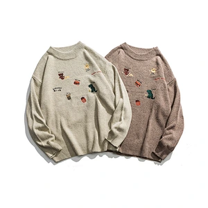 Korean couple clothes men autumn knitted pullover sweater custom loose embordered knit acrylic sweater