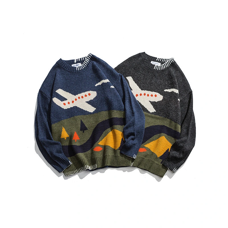 Color matching fashion cartoon plane pullover hoodie oem jacquard custom knit sweater for couples